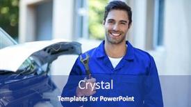  Presentation with mechanic - Cool new PPT theme with portrait of confident mechanic holding wrench standing by van backdrop and a ocean colored foreground