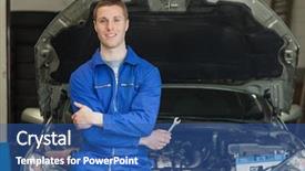  Presentation with mechanic - Amazing slide deck having portrait of confident mechanic leaning aganist car with open hood backdrop and a ocean colored foreground