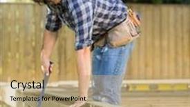  Presentation with nail - Presentation design featuring portrait of confident mid adult manual worker hammering nail into wood at construction site background and a coral colored foreground