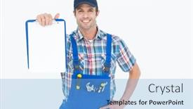  Presentation with plumber - Presentation theme featuring portrait of confident plumber showing blank clipboard over white background background and a light blue colored foreground