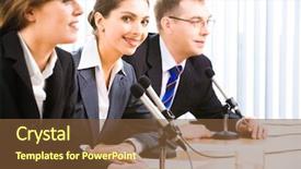  Presentation with microphones - Beautiful presentation theme featuring portrait of confident professionals sitting at the table with microphones papers and glass on it backdrop and a tawny brown colored foreground