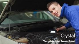  Presentation with engine - Cool new presentation design with portrait of confident repairman with flashlight examining car engine backdrop and a dark gray colored foreground