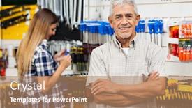  Presentation with hardware - Amazing PPT theme having portrait of confident senior man standing arms crossed with daughter in background at hardware shop backdrop and a coral colored foreground