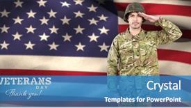  Presentation with veterans - Audience pleasing presentation theme consisting of portrait of confident soldier saluting backdrop and a teal colored foreground