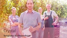  Presentation with greenhouse - Amazing presentation design having portrait of confident supervisor and gardeners standing at greenhouse backdrop and a coral colored foreground