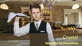  Presentation with restaurant waiter - Beautiful presentation featuring portrait of confident waiter carrying serving tray in restaurant backdrop and a tawny brown colored foreground