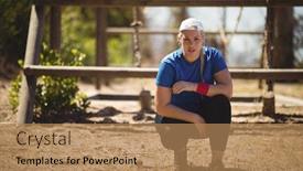  Presentation with boot camp - Presentation theme having portrait of confident woman crouching in boot camp during obstacle course background and a coral colored foreground