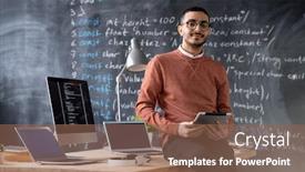  Presentation with code script - Cool new theme with portrait-of-confident-young-arabian backdrop and a violet colored foreground