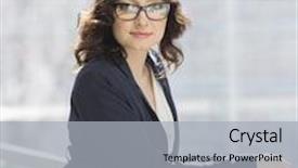  Presentation with railing - Beautiful presentation theme featuring portrait of confident young businesswoman leaning on railing in office backdrop and a light gray colored foreground