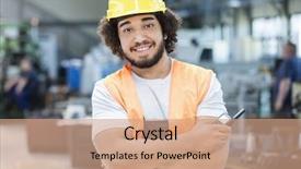  Presentation with walkie talkie - Slide set having portrait of confident young manual background and a coral colored foreground