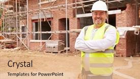  Presentation with building construction - Colorful PPT layouts enhanced with portrait of construction worker backdrop and a lemonade colored foreground