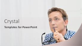  Presentation with contemplating - Beautiful PPT layouts featuring portrait of contemplating young man holding eyeglasses backdrop and a light gray colored foreground