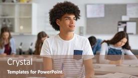  Presentation with high school - PPT theme with portrait-of-contemplative-young-man background and a coral colored foreground