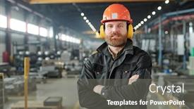  Presentation with factory - Slide set having portrait-of-content-bearded-factory background and a gray colored foreground