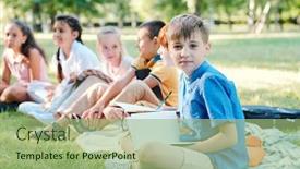  Presentation with classmates - Presentation design with portrait-of-content-boy background and a mint green colored foreground