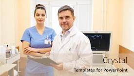  Presentation with ultrasound machine - Slide set with portrait-of-content-confident-doctor background and a lemonade colored foreground