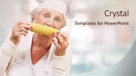  Presentation with corn cob - Presentation theme with portrait of cook senior woman eating corn cob indoor background and a lemonade colored foreground