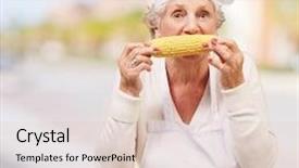 Presentation with corn cob - Presentation having portrait of cook senior woman eating corn cob at city background and a lemonade colored foreground