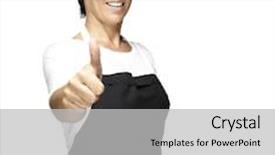  Presentation with top hat - Colorful presentation theme enhanced with portrait of cook wearing apron and mesh top hat doing okey symbol against white background backdrop and a light gray colored foreground