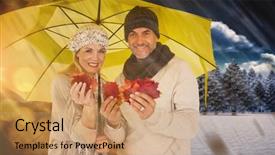  Presentation with under umbrella - Audience pleasing PPT layouts consisting of portrait of couple holding autumn leaves while standing under yellow umbrella against autumn changing to winter backdrop and a coral colored foreground