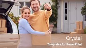  Presentation with think outside the box graphics - Theme enhanced with portrait-of-couple-holding-keys background and a coral colored foreground