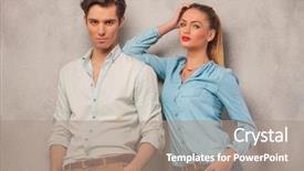  Presentation with shoulder - Audience pleasing slides consisting of portrait of couple posing in studio background with hands in pocket while leaning and resting on man's shoulder backdrop and a coral colored foreground