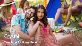  Presentation with campsite - Audience pleasing slide deck consisting of portrait of couple sitting near campsite in park on a sunny day backdrop and a coral colored foreground