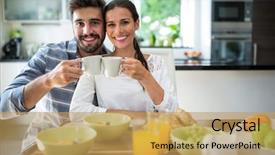  Presentation with toasting - PPT theme with portrait of couple toasting a cup of coffee while having breakfast at home background and a yellow colored foreground