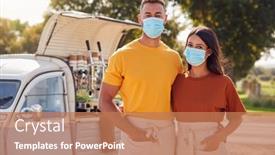  Presentation with face masks - PPT theme enhanced with portrait-of-couple-wearing-face background and a coral colored foreground