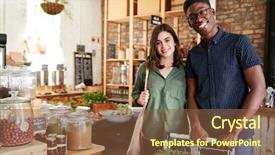  Presentation with fruit vegetable cartoon - Audience pleasing slide deck consisting of portrait of couple with trolley backdrop and a tawny brown colored foreground