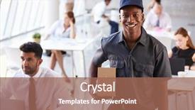  Presentation with courier - PPT theme having portrait of courier collecting package background and a coral colored foreground