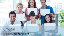  Presentation with signboard - Amazing presentation theme having portrait of creative business team holding a signboard in the office backdrop and a light blue colored foreground