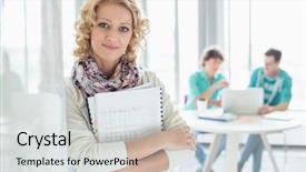  Presentation with files - PPT theme enhanced with portrait of creative businesswoman holding files with colleagues working in background at office background and a light gray colored foreground