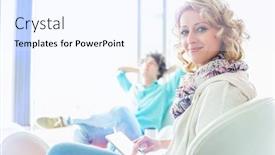  Presentation with lobby - Colorful theme enhanced with portrait of creative businesswoman holding digital tablet at lobby with colleague relaxing in background backdrop and a sky blue colored foreground