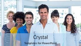  Presentation with team build co 50 - PPT theme enhanced with portrait of creative team standing background and a  colored foreground