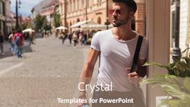  Presentation with pole - Amazing slide deck having portrait of curious casual man backdrop and a coral colored foreground