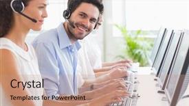  Presentation with customer service - PPT theme enhanced with portrait of customer service representative background and a coral colored foreground