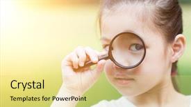  Presentation with child exploring - Cool new presentation theme with portrait of cute asian child with magnifier glass exploring nature at park little girl having fun outdoors morning sun flare background backdrop and a yellow colored foreground