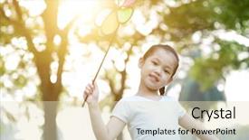  Presentation with pinwheel - Colorful theme enhanced with portrait of cute asian child playing pinwheel toy outdoors little girl having fun at nature park morning sun flare background backdrop and a lemonade colored foreground