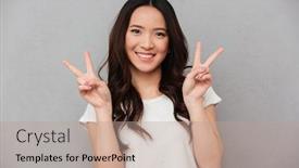  Presentation with peace - Slides featuring portrait of cute asian girl 20s in casual t-shirt and jeans smiling and showing peace sign with both hands isolated over gray background background and a coral colored foreground