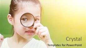 Presentation with flare - Presentation theme having portrait of cute asian kid with magnifier glass exploring nature at park little girl having fun outdoors morning sun flare background background and a yellow colored foreground