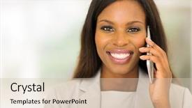  Presentation with black woman - Presentation theme consisting of portrait of cute black woman using cell phone background and a lemonade colored foreground