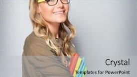  Presentation with colorful hands - Audience pleasing slide deck consisting of portrait of cute blond student girl over gray background wearing glasses and holding in hands colorful books back to school backdrop and a light gray colored foreground