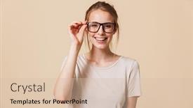  Presentation with basic - Presentation having portrait of cute blond woman 20s wearing basic t-shirt touching eyeglasses and smiling at camera with white perfect teeth isolated over beige background in studio background and a soft green colored foreground