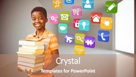  Presentation with application - Cool new slide deck with portrait of cute boy carrying books in library against computing application icons backdrop and a coral colored foreground