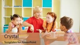  Presentation with classmates - PPT layouts with portrait of cute boy talking to his classmates at workplace background and a coral colored foreground