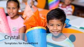  Presentation with classmates - Amazing slide deck having portrait of cute boy with classmates holding craft item in classroom backdrop and a light blue colored foreground