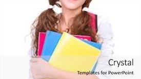  Presentation with colorful hands - PPT layouts featuring portrait of cute brunette schoolgirl holding in hands three colorful notebooks isolated on white background back to school concept background and a white colored foreground