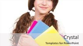  Presentation with colorful hands - Slides enhanced with portrait of cute brunette schoolgirl holding in hands three colorful notebooks isolated on white background back to school concept background and a white colored foreground