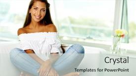  Presentation with cute - Colorful slides enhanced with portrait of cute brunette sitting on sofa at home backdrop and a light gray colored foreground